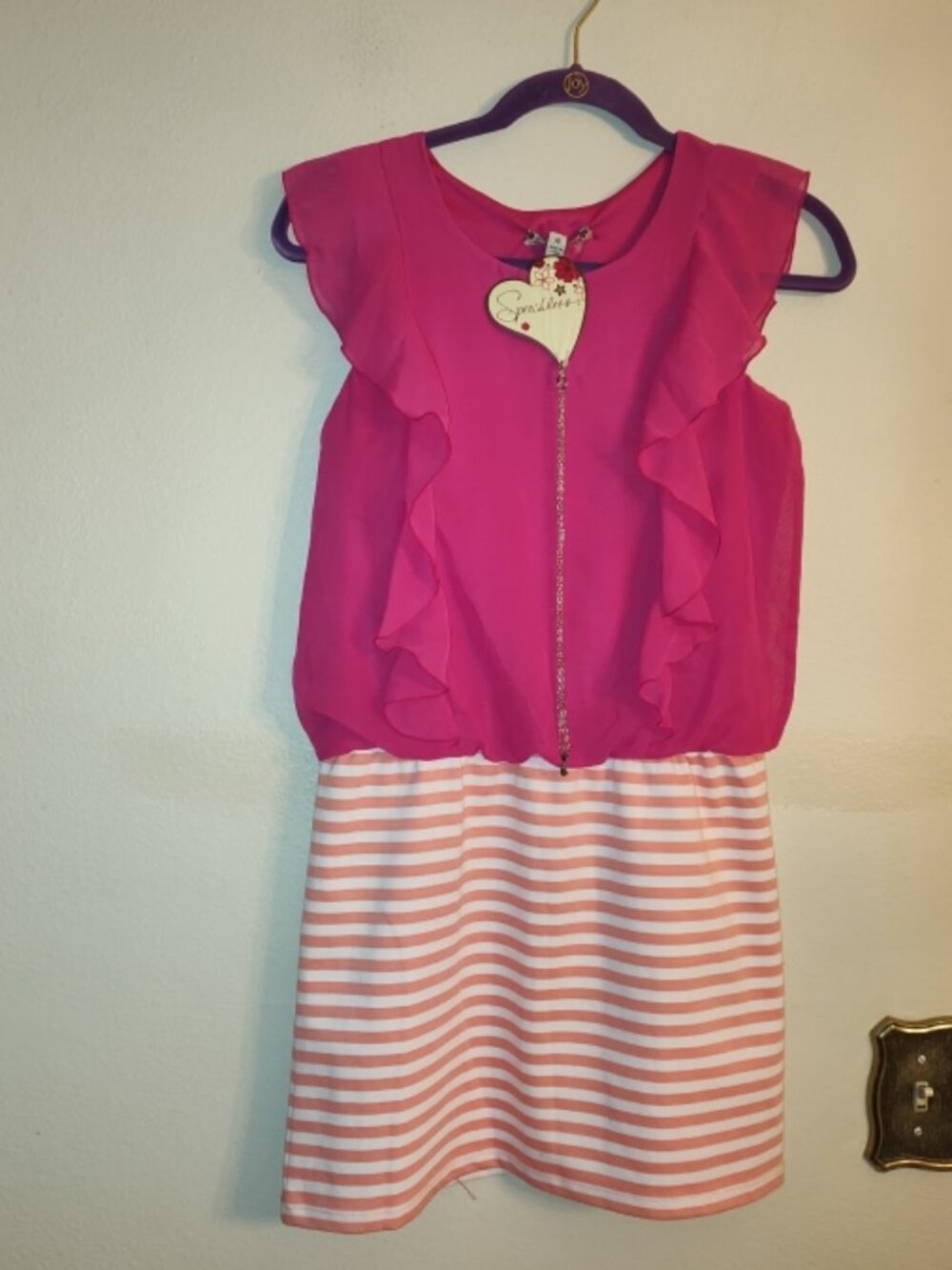 NWT Kids Girls Speechless Colorblocked Bright Pink and Stiped Bottom Dress Sz 16